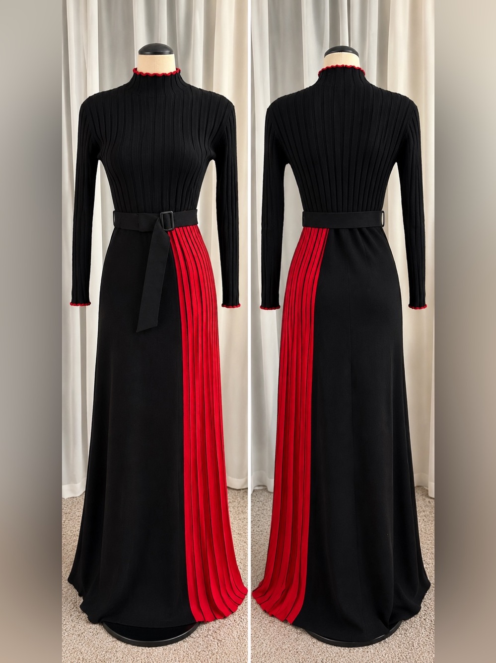 Black Maxi Dress with Red Pleated Side Panel and Belt